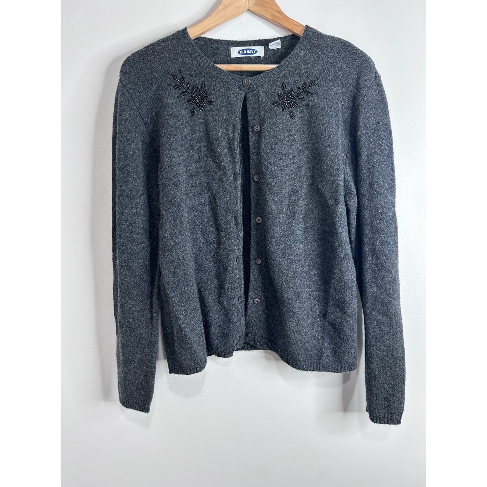 Old Navy Womens Charcoal Gray 100% Lambswool Beaded Floral Cardigan Sweater L